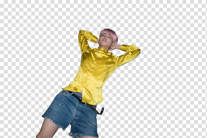 JB Im Jaebum, man wearing yellow dress shirt and blue denim shorts transparent background PNG clipart