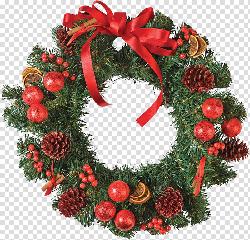 Christmas II, red and green Christmas wreath transparent background PNG clipart