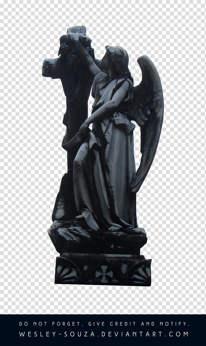 Angel Cemetery, angel standing beside cross statue screenshot transparent background PNG clipart