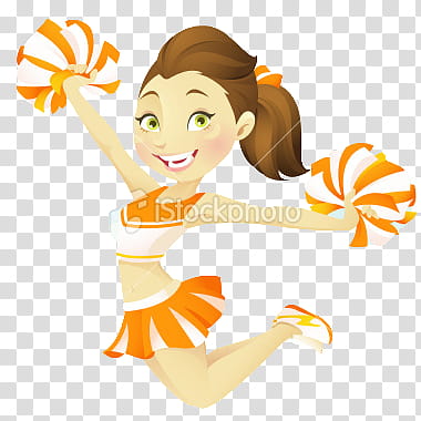 Munequitas, brown-haired female cheerleader in white and orange top and skirt holding pom poms illustration transparent background PNG clipart