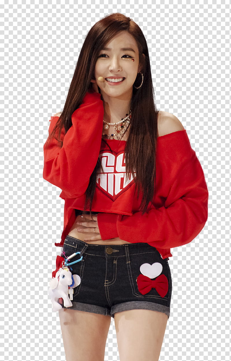 Tiffany Girls Generation, woman wearing red off-shoulder sweatshirt and black denim short shorts transparent background PNG clipart