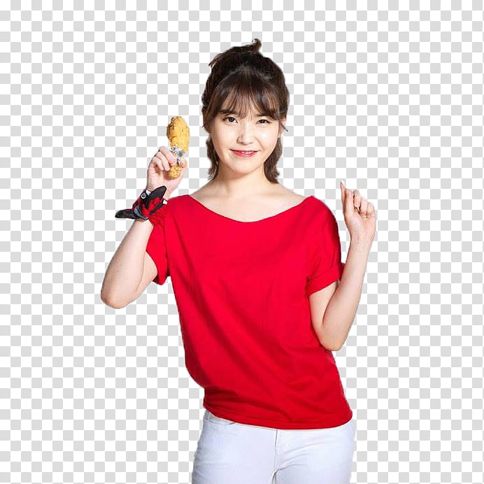 , smiling woman wearing red shirt and white bottoms transparent background PNG clipart