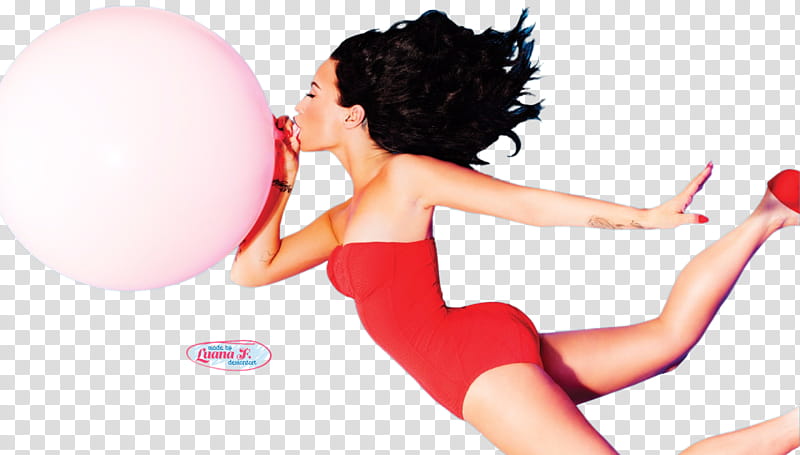 Render Demi Lovato, woman in red monokini blowing balloon transparent background PNG clipart