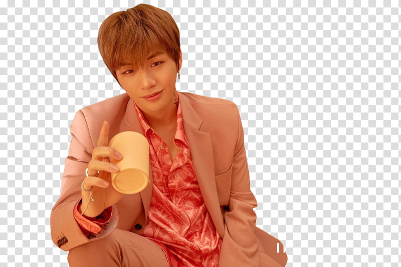 WANNA ONE I PROMISE YOU PART , man in grey suit jacket holding cup transparent background PNG clipart