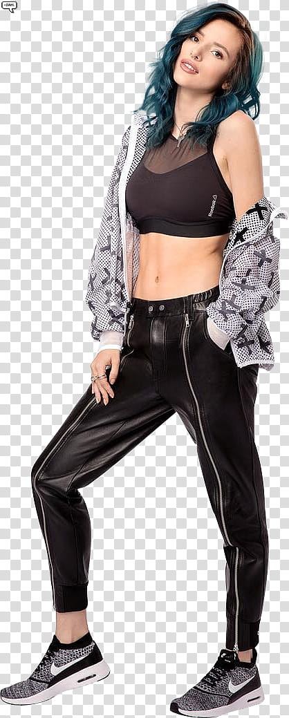 Bella Thorne, woman wearing black sports bra in standing position transparent background PNG clipart