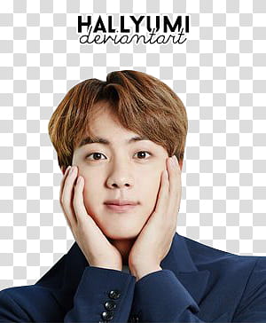 MINI Jin Birthday, man holding his face with text overlay transparent background PNG clipart
