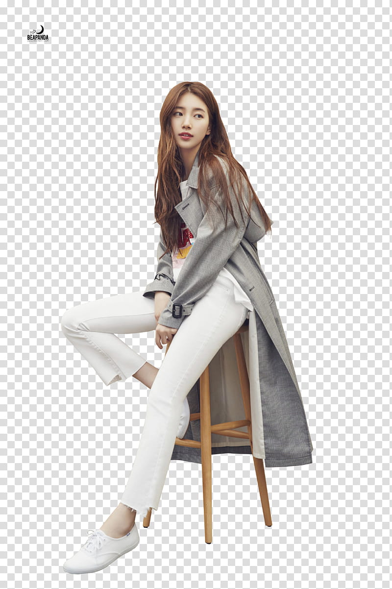 Suzy, woman sitting on wooden stool transparent background PNG clipart