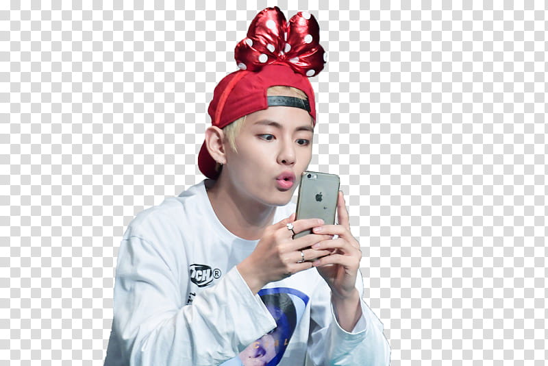 TaeHyung BTS, man in white shirt holding Apple smartphone transparent background PNG clipart