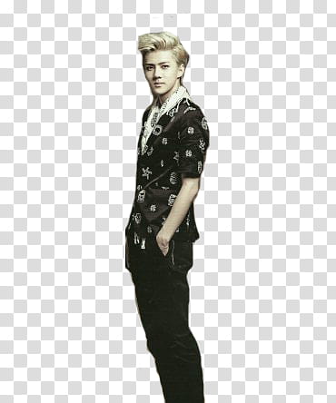 EXO Men Style Ver, woman wearing black button-up collared t-shirt with black pants transparent background PNG clipart