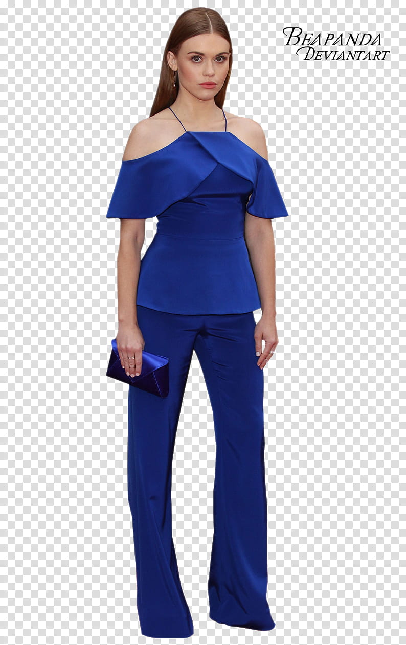 Holland Roden, woman in blue off-shoulder shirt and pants transparent background PNG clipart