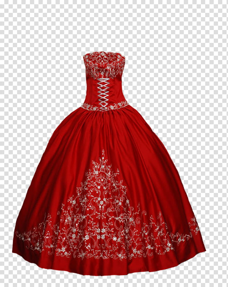 Red ball gown, red and white floral strapless ball gown transparent background PNG clipart