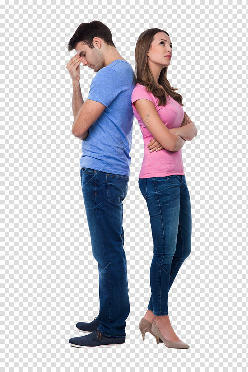 Angry couple, woman wearing pink cap-sleeved top and blue denim jeans transparent background PNG clipart
