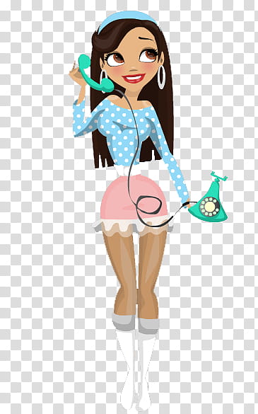  munecas dolls nenas, woman wearing blue-and-white polka-dot long-sleeved mini dress holding telephone art transparent background PNG clipart