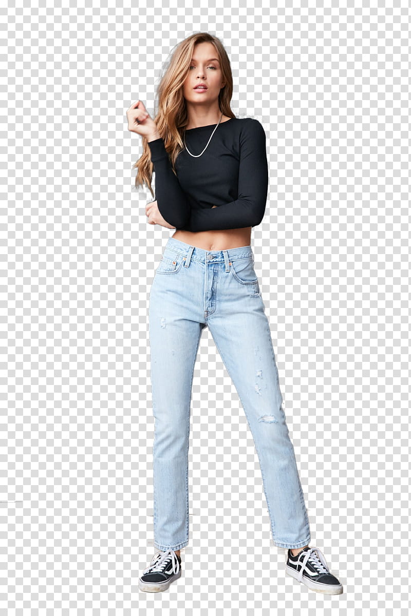 Josephine Skriver, cutout of woman in black boat-neckline long-sleeved crop top, blue jeans, and black Vans low-top sneakers transparent background PNG clipart