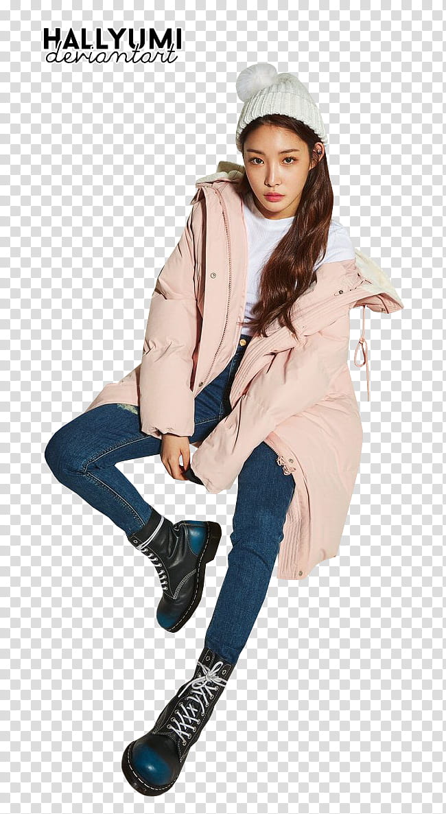 ChungHa, woman sitting while wearing winter outfit transparent background PNG clipart