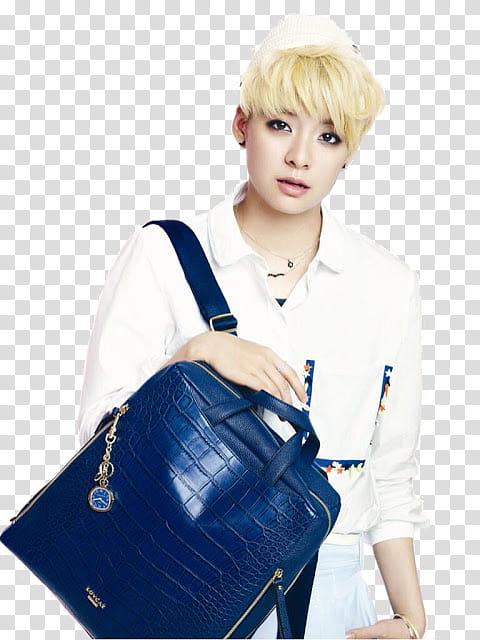 f x from Lovcat Paris, blonde-haired man carrying blue leather -way bag transparent background PNG clipart
