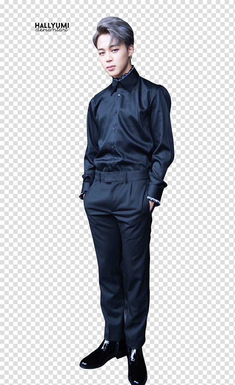 Jimin, standing man wearing black button-up collared long-sleeved shirt, black dress pants and black patent leather dress shoes with hands inside pockets transparent background PNG clipart