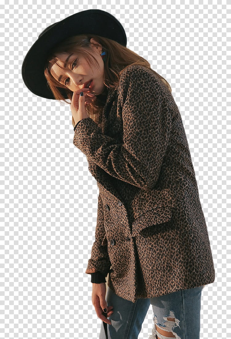 Park Sora STYLENANDA, woman in brown and black leopard print coat putting left hand on lips transparent background PNG clipart