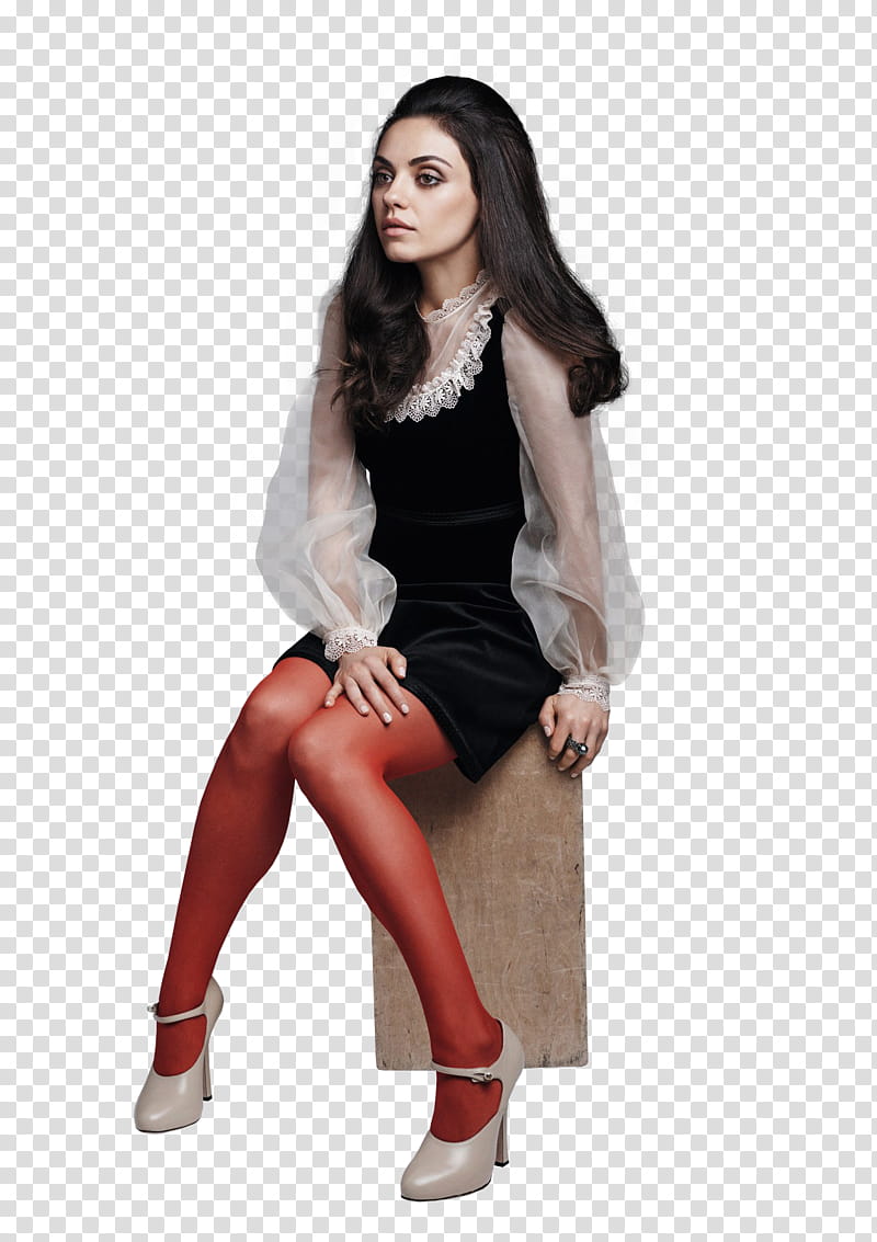 Mila Kunis, woman wearing black illusion neckline long-sleeved dress transparent background PNG clipart