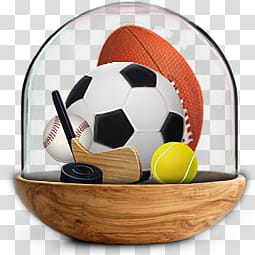 Sphere   the new variation, hockey stick, black puck, yellow tennis ball, white baseball, soccer ball and football inside glass case illustration transparent background PNG clipart