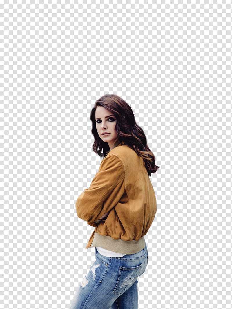 Lana Del Rey, woman wearing brown jacket and blue jeans transparent background PNG clipart