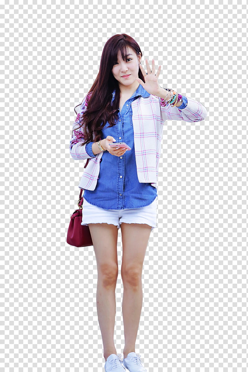 Tiffany Airport, smiling woman wearing blue and white long-sleeved button-up collared top and white short shorts waving left hand while standing transparent background PNG clipart