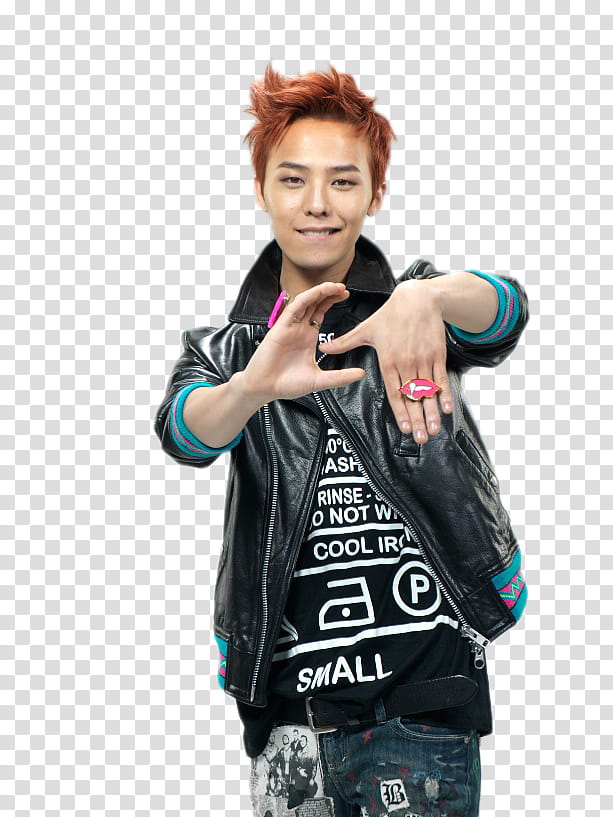 G Dragon Big Bang , smiling man wearing black leather jacket making hand sign transparent background PNG clipart