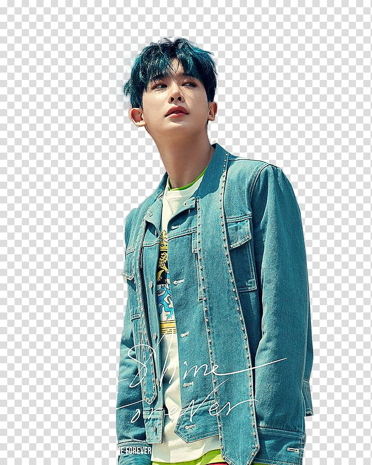 MONSTA X Shine Forever, green-haired man wearing blue denim jacket transparent background PNG clipart