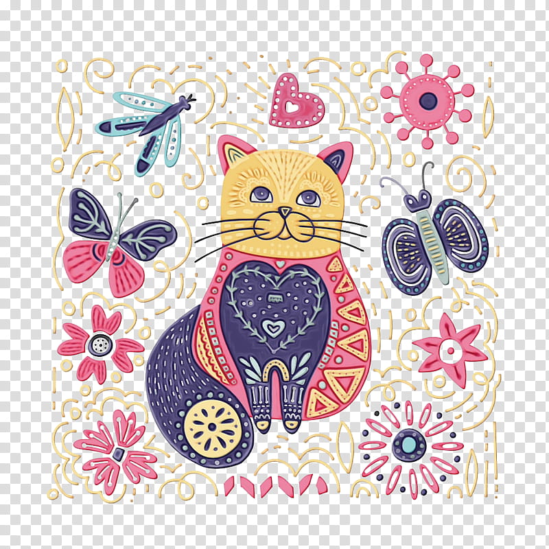 cat pink pattern yellow small to medium-sized cats, Watercolor, Paint, Wet Ink, Small To Mediumsized Cats, Kitten, Textile transparent background PNG clipart