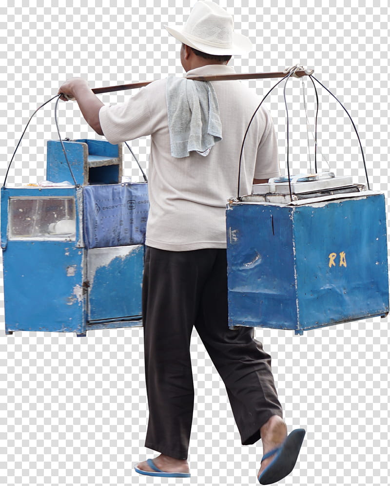 hawker seller, man carrying blue boxes transparent background PNG clipart