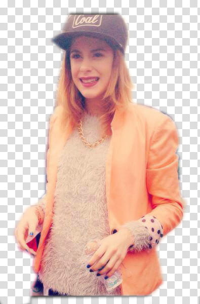 Martina Stoessel, woman wearing orange blazer and black fitted cap transparent background PNG clipart