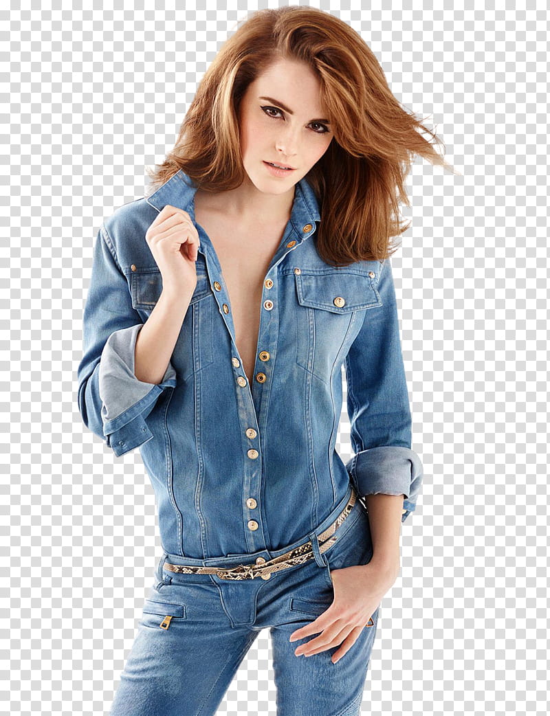 Emma Watson, woman in blue denim jacket transparent background PNG clipart