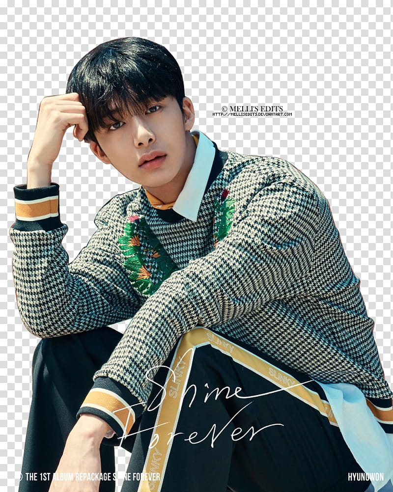 MONSTAX SHINE FOREVER MELLISEDITS, Hyungwon with text overlay transparent background PNG clipart