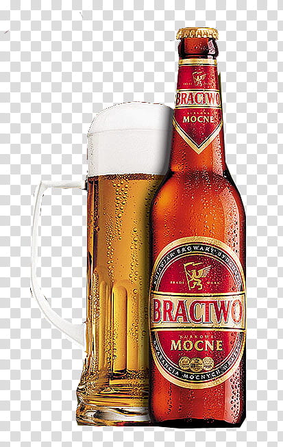 Bractwo Mocne beer bottle and mug of beer transparent background PNG clipart