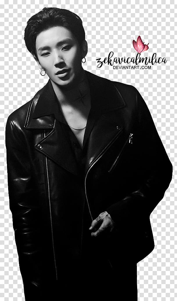 B A P Jongup Noir, grayscale of man in leather zip-up jacket transparent background PNG clipart