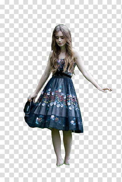 Lily Collins, woman wearing blue and white floral scoop-neck sleeveless midi dress transparent background PNG clipart