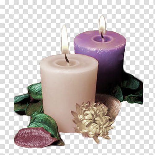 Velas Estilo Vintage, two lit white and purple pillar candles transparent background PNG clipart