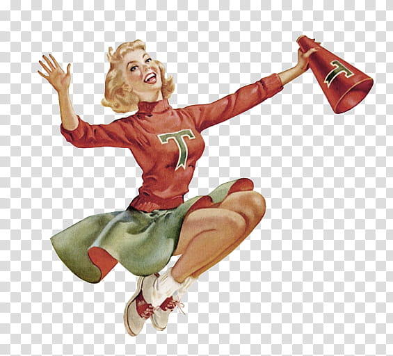 Vintage s, smiling cheering squad female jumping while bending knees illustration transparent background PNG clipart