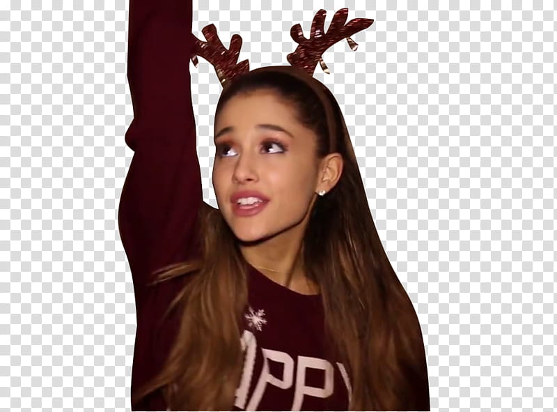 Ariana Grande, Ariana Grande wearing antlers costume while raising her right arm transparent background PNG clipart