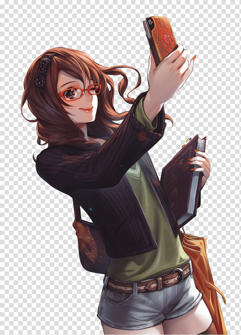 brown hair anime girl glasses phone render anime character illustration transparent background png clipart hiclipart brown hair anime girl glasses phone