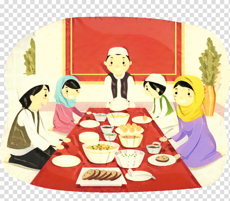 Muslim, Family, Eating, Meal, Iftar, Cartoon, Tableware, Plate transparent background PNG clipart