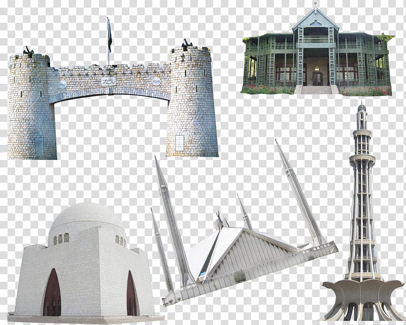 Pakistan monuments famous places, gray buildings collage transparent background PNG clipart