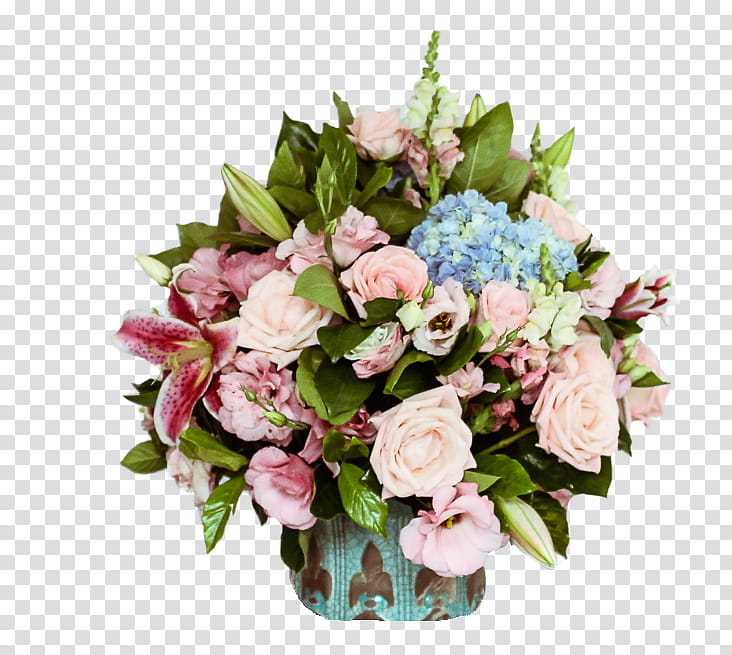 , pink roses, pink lilies, and blue hydrangeas bouquet illustration transparent background PNG clipart