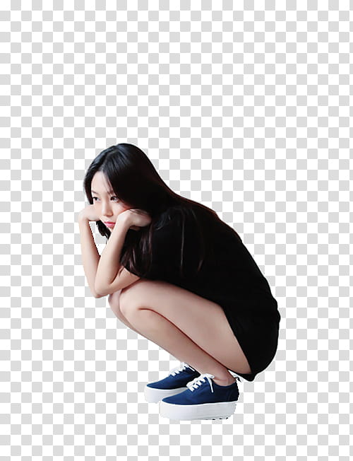 Girls, crouching woman wearing black shirt and blue low-top sneakers transparent background PNG clipart