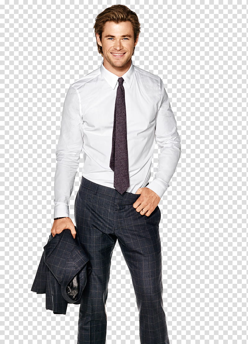 Chris Hemsworth, man holding her formal suit jacket transparent background PNG clipart