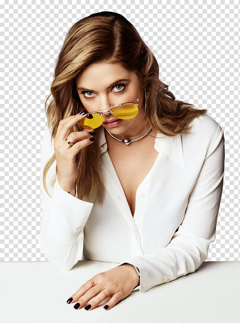 Ashley Benson, woman wearing white top holding sunglasses transparent background PNG clipart