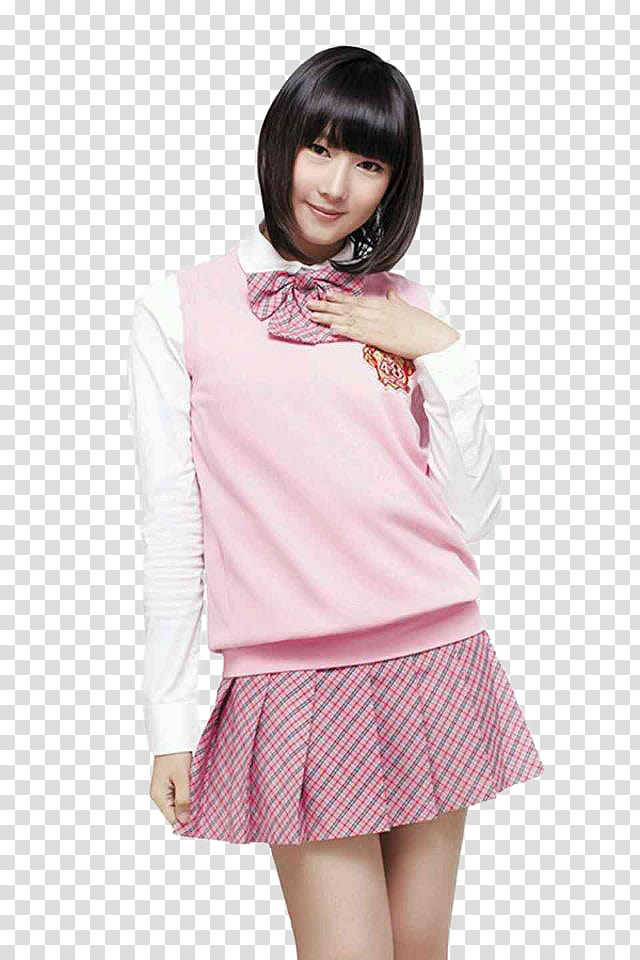 JKT, woman wearing pink long-sleeved shirt and mini skirt transparent background PNG clipart