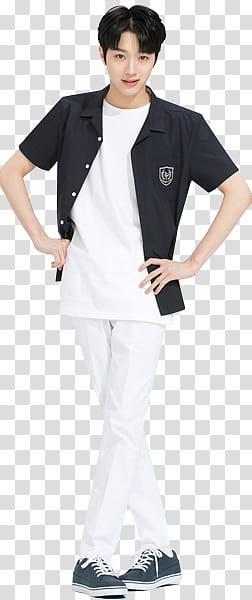 WANNA ONE IVY CLUB P, man wearing white pants and black button-up shirt transparent background PNG clipart