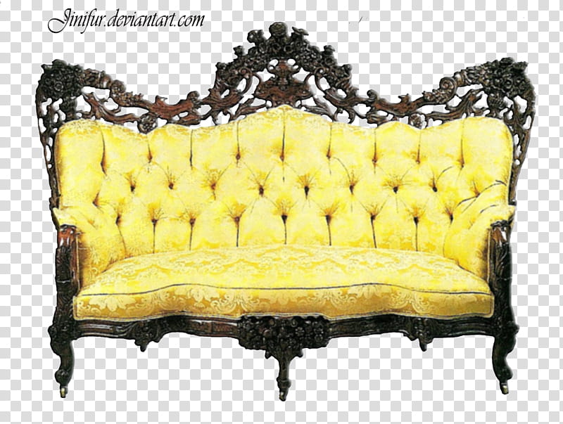 Antique furniture in , tutted yellow couch with text overlay transparent background PNG clipart