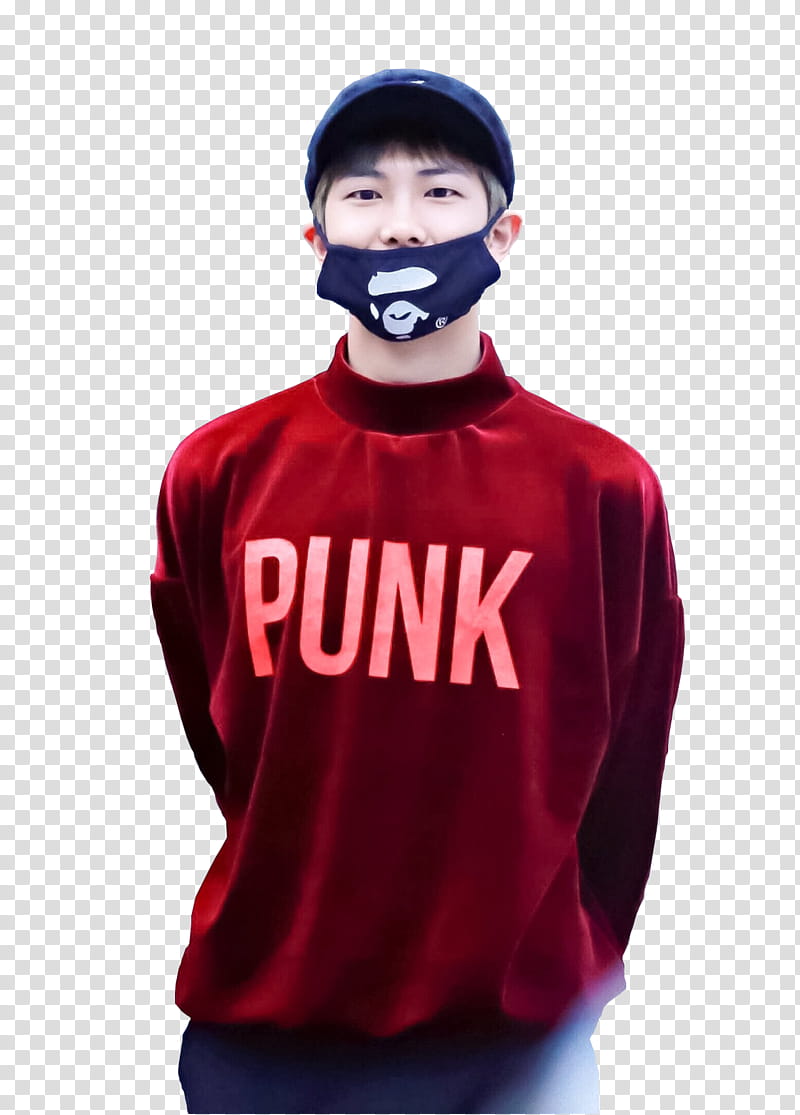 Rap Monster BTS, man wearing sweatshirt, mouth mask, and cap transparent background PNG clipart